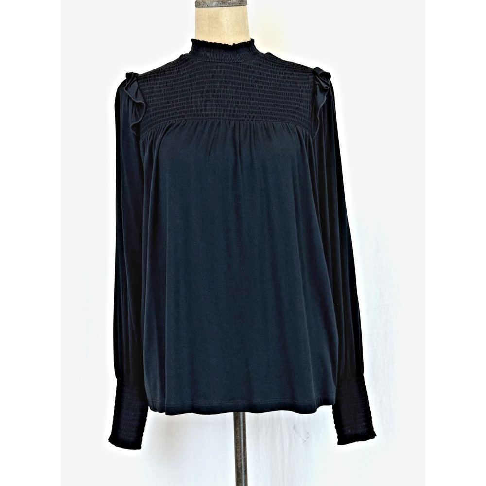 NWT Soya Concept BOUTIQUE Black Long Sleeve Top w/ Smocking Detail #0428 LG
